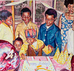 Esiri Erheriene Essi Having your cake and eating it too Oil ink and xerox transfer on linen 170 x 175 cm 2019 Courtesy Galerie Mandos Amsterdam Esiri Erherine Essi