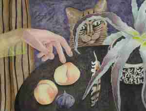 Fruit and Feather 2025 aquarelverf pastelpotlood en pastelkrijt op papier 40 x 60 cm Collectie Moving Gallery Utrecht LR