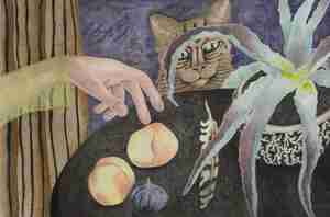 Fruit and Feather 2025 aquarelverf pastelpotlood en pastelkrijt op papier 40 x 60 cm Collectie Moving Gallery Utrecht LR